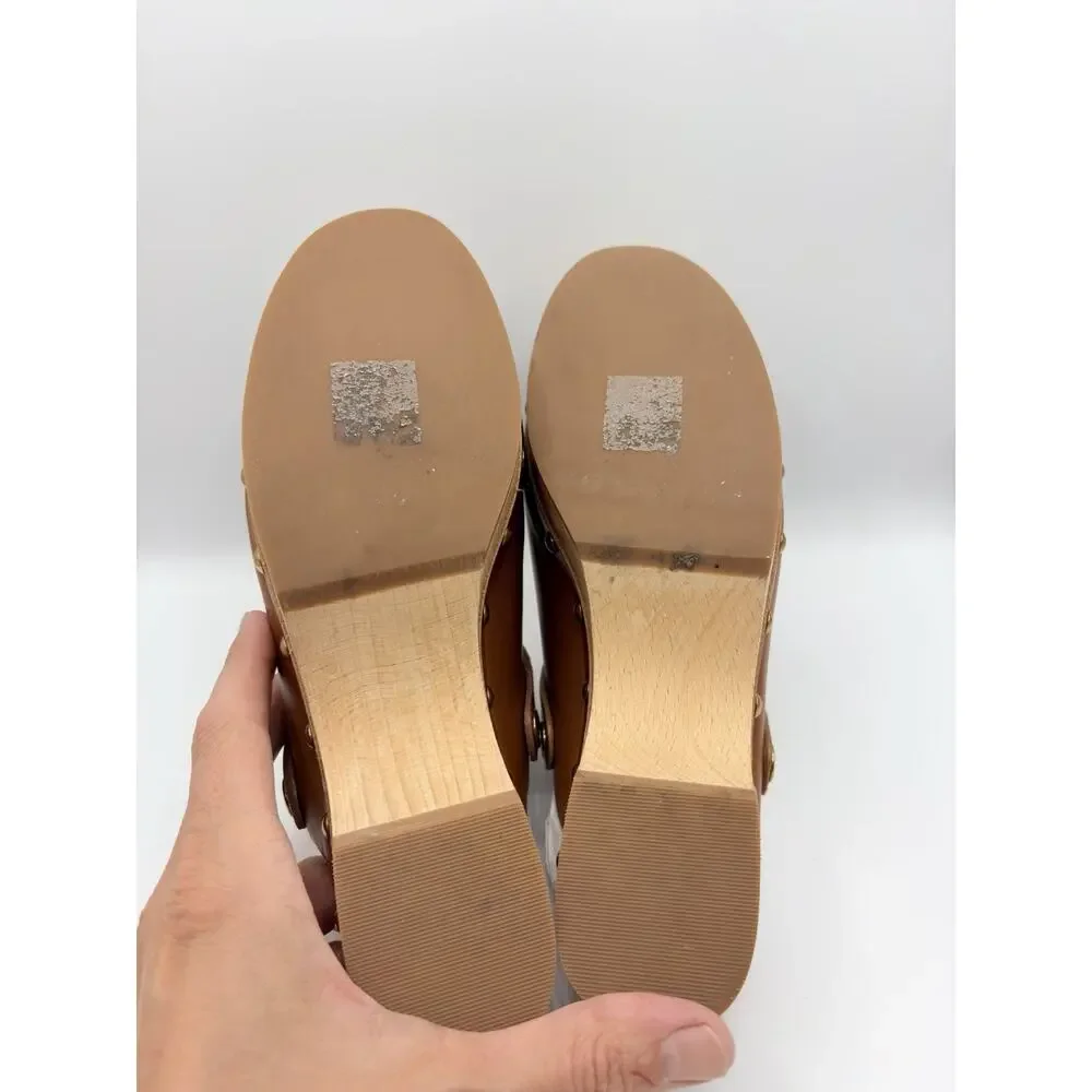 J.Crew Grace Convertible Leather Clogs Wooden Sole Studded Brown 7.5 Excellent